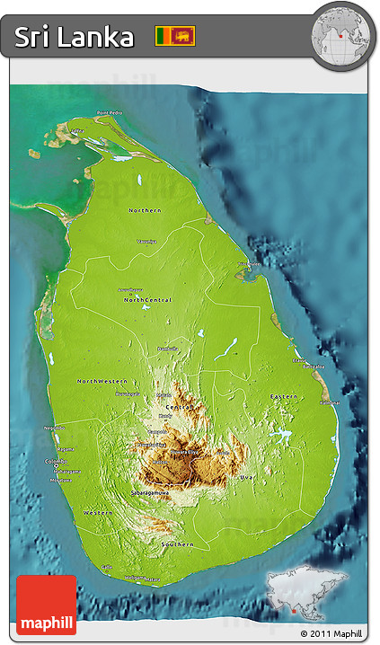 Physical 3D Map of Sri Lanka, single color outside, satellite sea