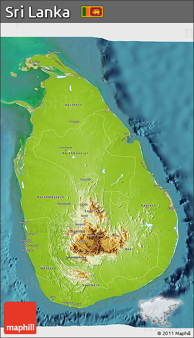 Physical 3D Map of Sri Lanka, single color outside, satellite sea