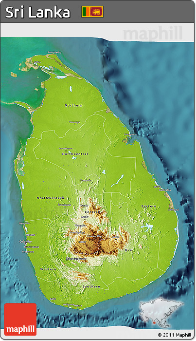 Physical 3D Map of Sri Lanka, single color outside, satellite sea