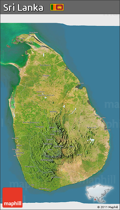 Satellite 3D Map of Sri Lanka, darken, semi-desaturated, land only
