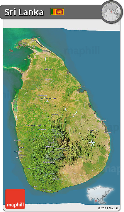 Satellite 3D Map of Sri Lanka, darken, semi-desaturated, land only