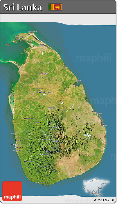 Satellite 3D Map of Sri Lanka, darken, semi-desaturated, land only
