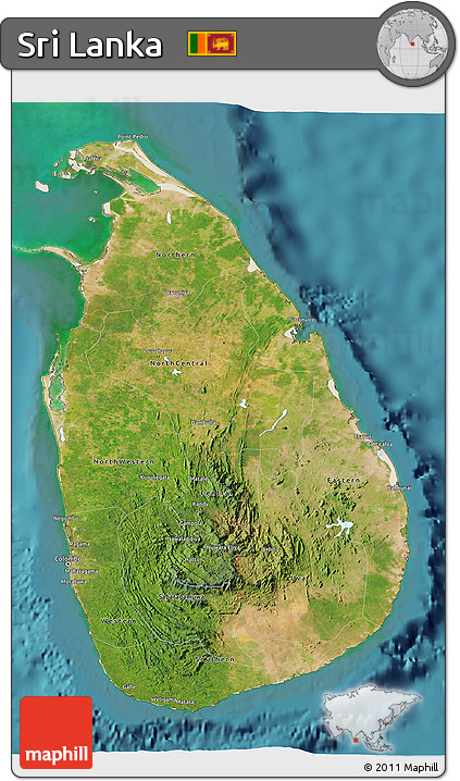 Satellite 3D Map of Sri Lanka, shaded relief outside, satellite sea