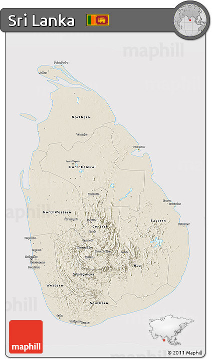 Shaded Relief 3D Map of Sri Lanka, cropped outside