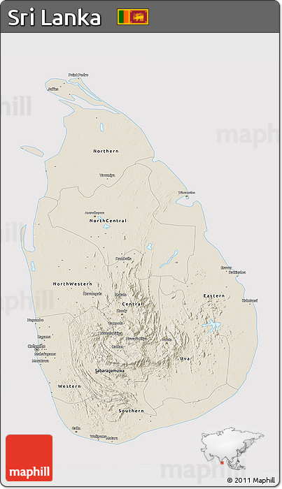 Shaded Relief 3D Map of Sri Lanka, cropped outside