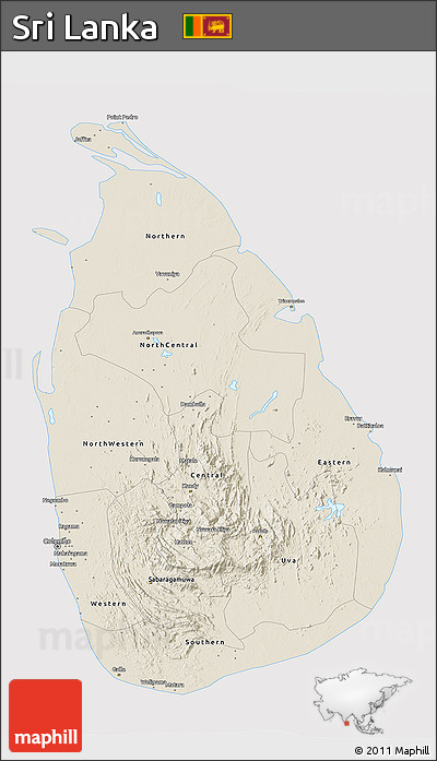Shaded Relief 3D Map of Sri Lanka, cropped outside