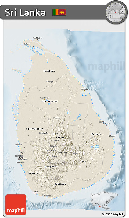 Shaded Relief 3D Map of Sri Lanka, lighten