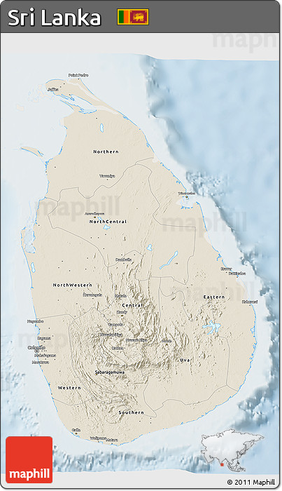 Shaded Relief 3D Map of Sri Lanka, lighten