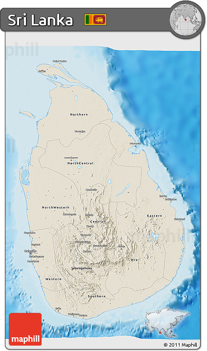 Shaded Relief 3D Map of Sri Lanka, single color outside