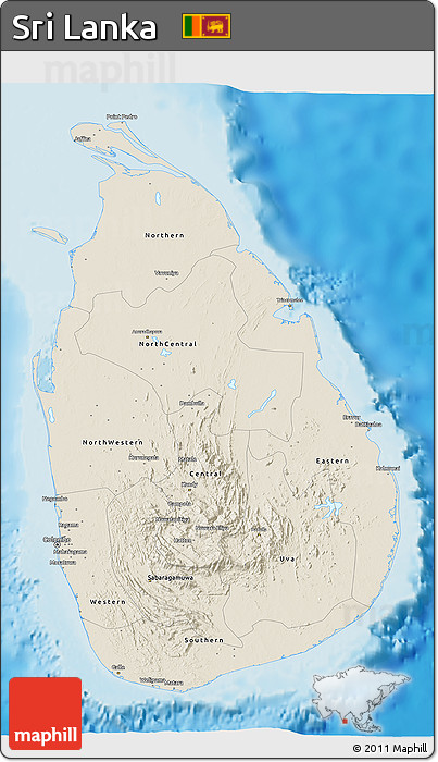 Shaded Relief 3D Map of Sri Lanka, single color outside
