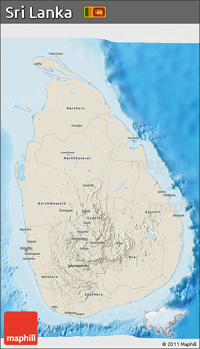 Shaded Relief 3D Map of Sri Lanka, single color outside