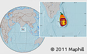 Flag Location Map of Sri Lanka, gray outside, hill shading outside