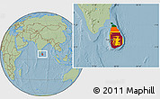 Flag Location Map of Sri Lanka, savanna style outside, hill shading outside