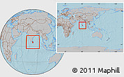 Gray Location Map of Sri Lanka, within the entire continent, hill shading