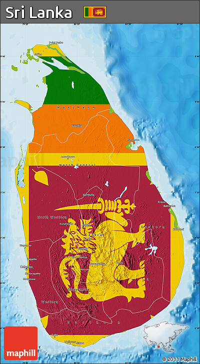 Flag Map of Sri Lanka, physical outside, bathymetry sea, flag rotated