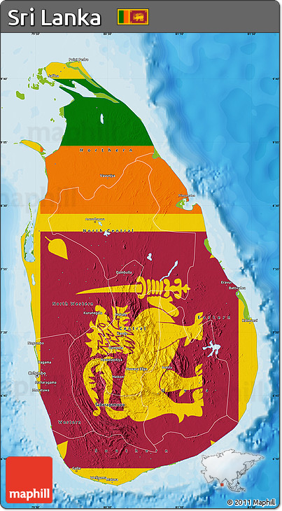 Flag Map of Sri Lanka, physical outside, bathymetry sea, flag rotated