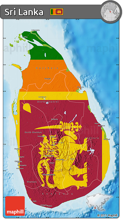 Flag Map of Sri Lanka, physical outside, flag aligned to the middle