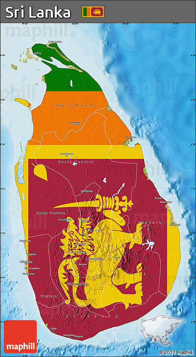 Flag Map of Sri Lanka, satellite outside, bathymetry sea, flag aligned to the middle
