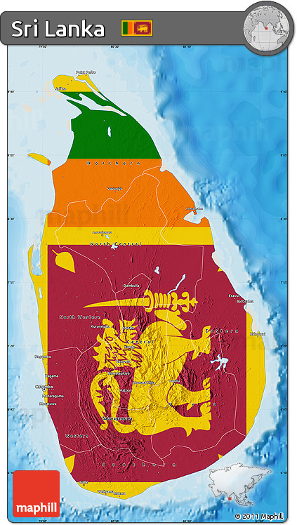 Flag Map of Sri Lanka, shaded relief outside, bathymetry sea, flag rotated
