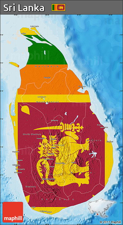 Flag Map of Sri Lanka, shaded relief outside, bathymetry sea, flag rotated