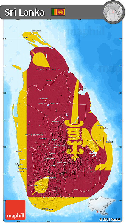 Flag Map of Sri Lanka, single color outside, bathymetry sea, flag centered