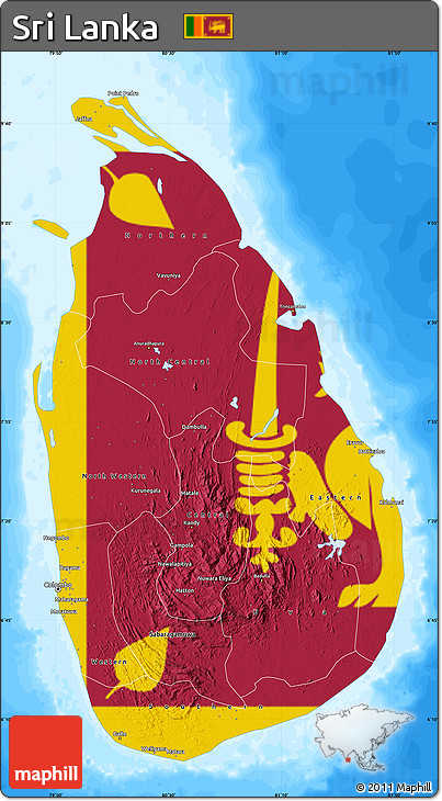 Flag Map of Sri Lanka, single color outside, bathymetry sea, flag centered