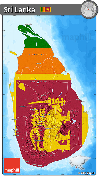 Flag Map of Sri Lanka, single color outside, bathymetry sea, flag aligned to the middle