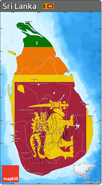 Flag Map of Sri Lanka, single color outside, bathymetry sea, flag aligned to the middle