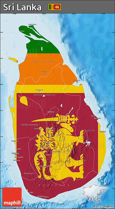 Flag Map of Sri Lanka, single color outside, bathymetry sea, shaded relief sea, flag aligned to the middle