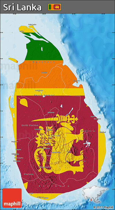 Flag Map of Sri Lanka, single color outside, bathymetry sea, shaded relief sea, flag rotated