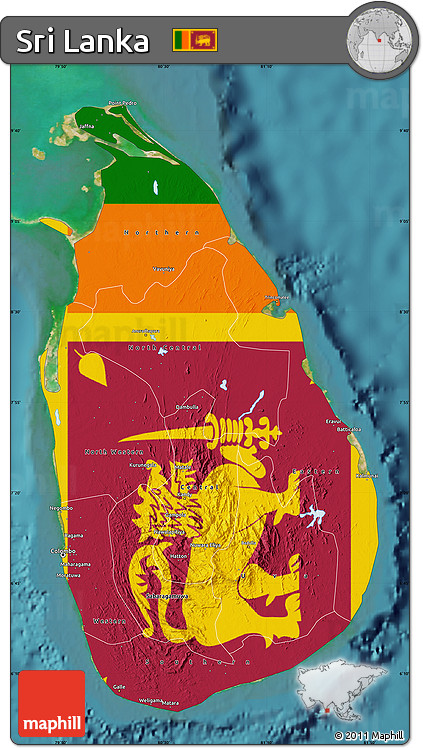 Flag Map of Sri Lanka, single color outside, satellite sea, flag aligned to the middle