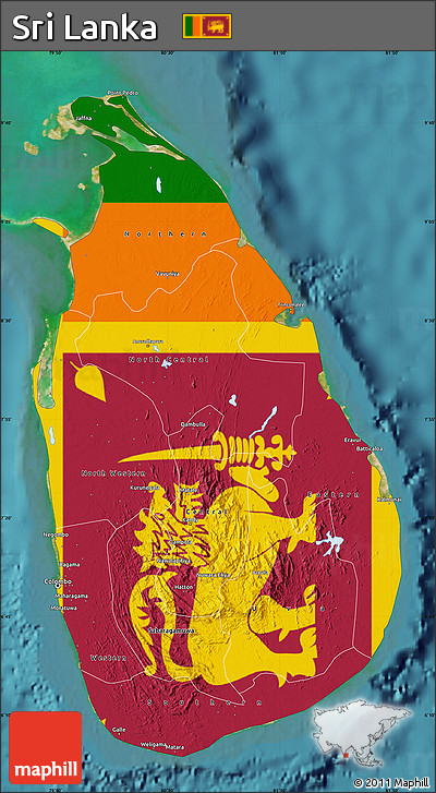 Flag Map of Sri Lanka, single color outside, satellite sea, flag aligned to the middle