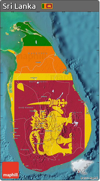 Flag Map of Sri Lanka, single color outside, satellite sea, flag aligned to the middle