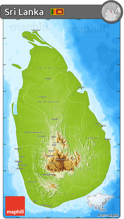 Physical Map of Sri Lanka, single color outside, bathymetry sea