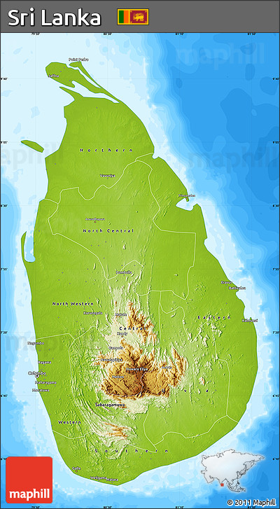 Physical Map of Sri Lanka, single color outside, bathymetry sea