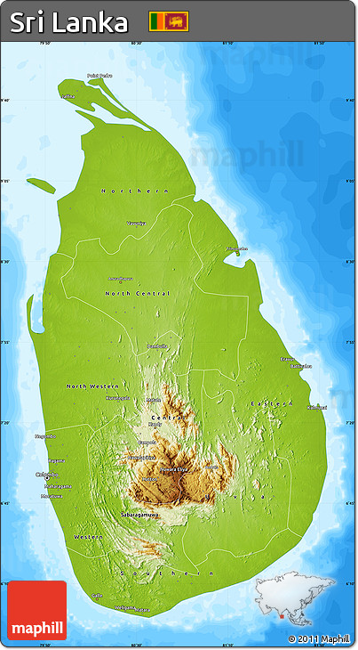 Physical Map of Sri Lanka, single color outside, bathymetry sea