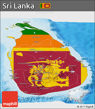 Flag Panoramic Map of Sri Lanka, satellite outside, bathymetry sea, flag aligned to the middle