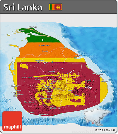 Flag Panoramic Map of Sri Lanka, satellite outside, bathymetry sea, flag aligned to the middle