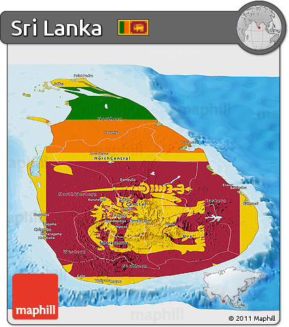 Flag Panoramic Map of Sri Lanka, satellite outside, bathymetry sea, flag rotated
