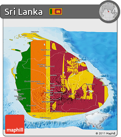 Flag Panoramic Map of Sri Lanka, satellite outside, bathymetry sea