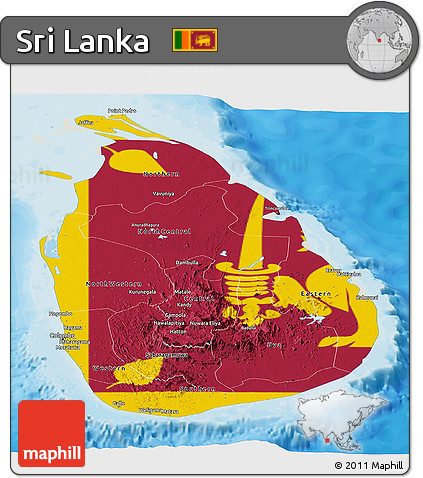 Flag Panoramic Map of Sri Lanka, shaded relief outside, bathymetry sea, flag centered