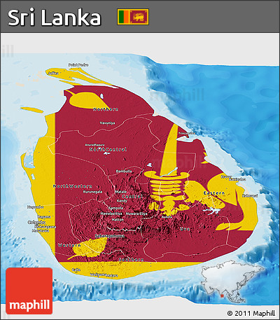 Flag Panoramic Map of Sri Lanka, shaded relief outside, bathymetry sea, flag centered