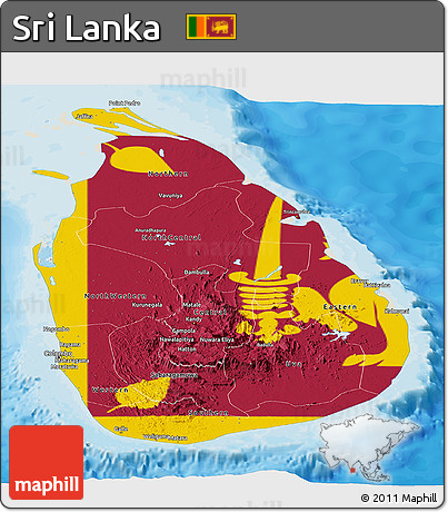 Flag Panoramic Map of Sri Lanka, shaded relief outside, bathymetry sea, flag centered