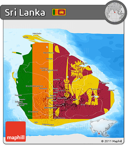 Flag Panoramic Map of Sri Lanka, single color outside, bathymetry sea