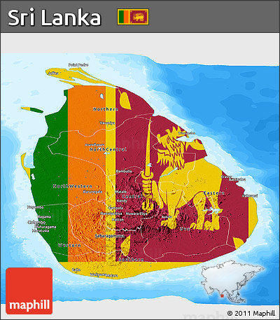 Flag Panoramic Map of Sri Lanka, single color outside, bathymetry sea