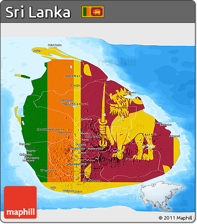 Flag Panoramic Map of Sri Lanka, single color outside, bathymetry sea