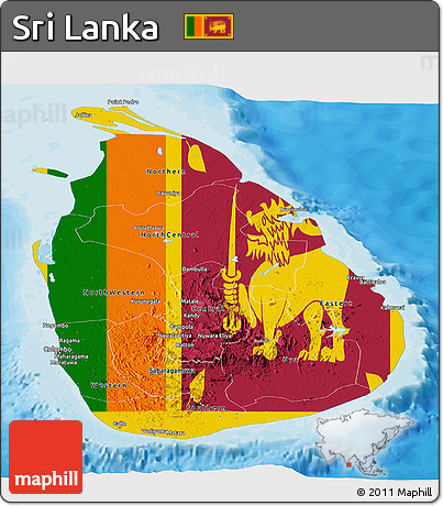 Flag Panoramic Map of Sri Lanka, single color outside, bathymetry sea, shaded relief sea