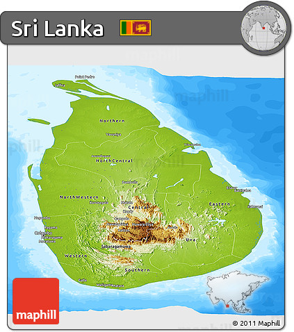 Physical Panoramic Map of Sri Lanka, single color outside, bathymetry sea