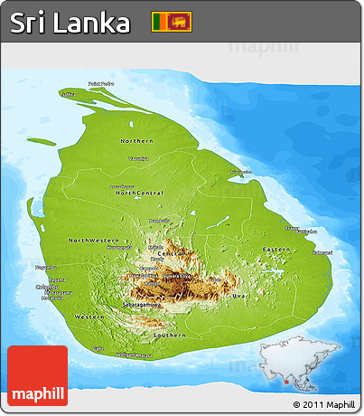 Physical Panoramic Map of Sri Lanka, single color outside, bathymetry sea