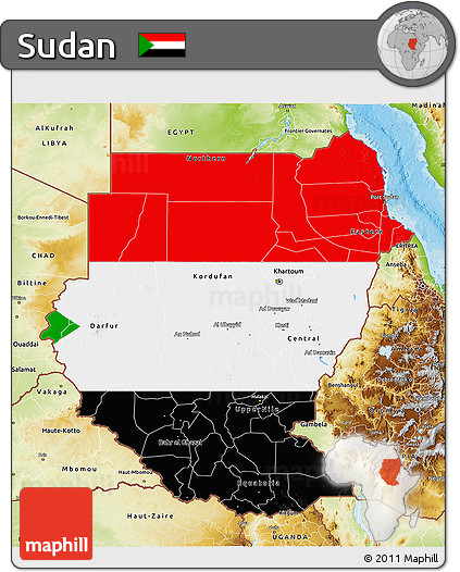 Flag 3D Map of Sudan, physical outside, bathymetry sea, flag centered